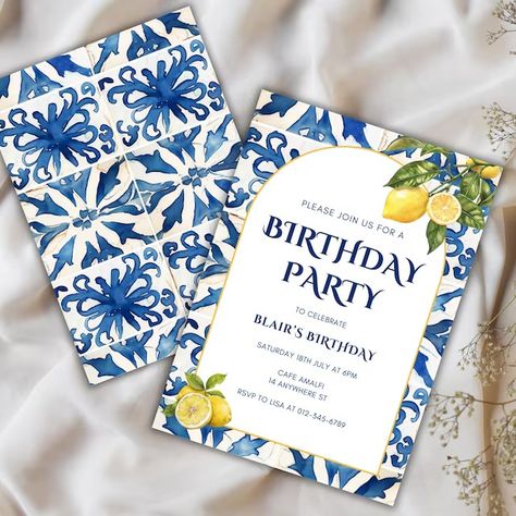 PaperEdgeCo - Etsy UK Lemon Themed Birthday Party Ideas, Greece Inspired Party, Mediterranean Invitations, Mediterranean Party Theme, Italian Theme Party Decorations, Amalfi Themed Party, Mediterranean Theme Party, Lemon Birthday Theme, Amalfi Coast Party