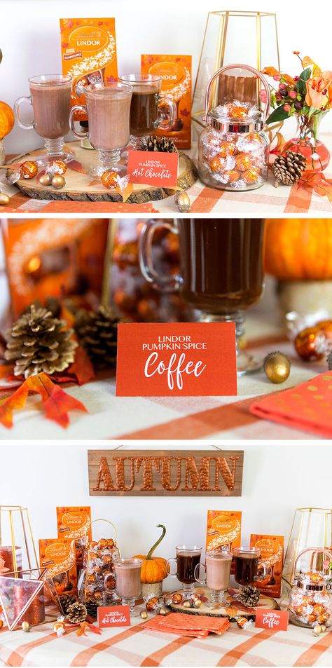 DIY your own hot chocolate and coffee bar with Limited Edition LINDOR Pumpkin Spice truffles. Click for more details from Courtney at @Pizzazzerie on how you can recreate this for a tailgate party, bake sale or cozy night in! Autumn Hot Cocoa Bar, Thanksgiving Hot Cocoa Bar, Fall Hot Cocoa Bar Ideas, Thanksgiving Hot Chocolate Bar, Fall Cocoa Bar, Tea Bar Ideas Drink Stations, Fall Hot Cocoa Bar, Hot Chocolate Bar Fall, Fall Hot Chocolate Bar