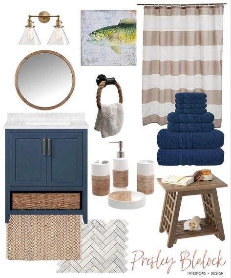 Lake House Bathroom Ideas, Nautical Theme Bathroom, Bathroom Coastal, Lake Bathroom, Striped Shower Curtain, Coastal Bathroom Decor, Lake House Bathroom, Coastal Accessories, Navy Bathroom