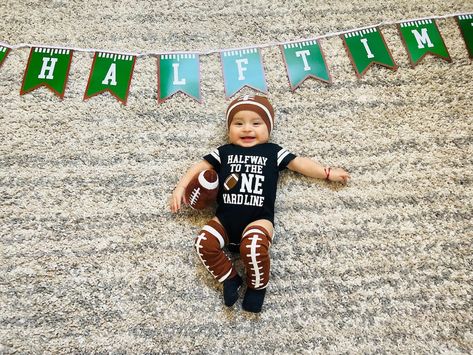 Halfway To The One Yard Line Photoshoot, Halfway To The One Yard Line, Half Way To The One Yard Line, Football 6 Month Pictures, Halftime 6 Month Photoshoot, Baby Boy Half Birthday Photoshoot, Football Milestone Pictures, Half Time 6 Month Birthday, Halfway To One Photoshoot Boy