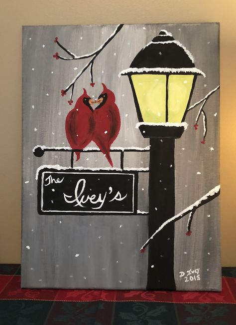 Use welcome instesd of name and lantern fron 3d put light behind it sells fot $36 Christmas Paintings On Canvas, Canvas Painting Diy, Canvas Ideas, Simple Acrylic Paintings, Christmas Canvas, Paint And Sip, Night Painting, Tole Painting, Red Birds