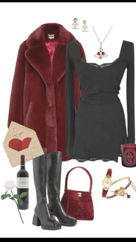 Red Feminine Aesthetic Outfits, Broadway Night Out Outfit, Outfit Inspo Dark Feminine, Goth Classy Outfits, Dark Femme Fatale Outfits, Red Whimsigoth Outfit, Rockstar Girl Outfit, Femme Fatale Outfit Classy, Dark Feminine Clothes