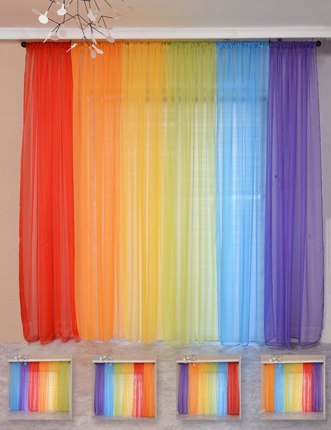 PRICES MAY VARY. PACKAGE: Includes 6 Pieces curtains ombre sheer voile curtians. Each Panel measures 40"wide, 6 panels total width is 240" wide, 84 inch long. Rainbow Color Set: 6 colors, red, orange, yellow, green, blue, purple. You can freely match colors according to your preferences. It can not only add a warm and romantic atmosphere to the living room, but also has the characteristics of soft lighting, ventilation and ventilation. It can make people see and adjust people's nervous mood, giv Classroom Curtain Ideas, Rainbow Room Ideas, Classroom Curtains, Bright Curtains, Rainbow Curtains, Rainbow Shower Curtain, Colorful Backdrop, Rainbow Window, Rainbow Classroom