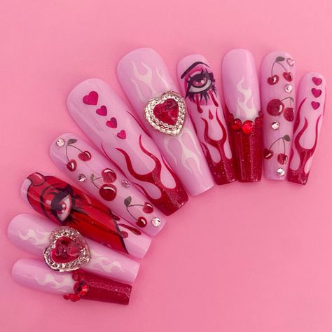 Jelly Valentines Day Nails, Goth Kawaii Nails, Extra Af Nails, Valentines Theme Nails, Crazy Valentines Day Nails, Black Anti Valentines Day Nails, Draculaura Inspired Nails, Kawaii Goth Nails, Lovecore Nails