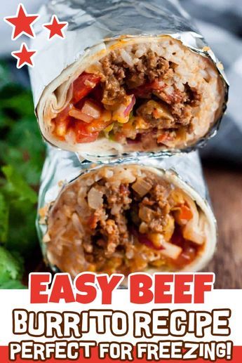 This Beef Burrito Recipe is a delicious grab and go meal making it perfect for busy weeknights but special enough for family dinner any night of the week. Loaded with beef, rice, beans and tons of cheese, your family will go crazy over these freezer friendly hearty burritos. #eatingonadime #beefburritorecipe #beefburrito Loaded Beef Burrito, Freezer Burritos Beef And Bean, Bean And Beef Burritos, Beef Burritos Recipe, Ground Beef Burritos, Easy Burrito Recipe, Burritos Beef, Beef Burrito Recipe, Nacho Recipes