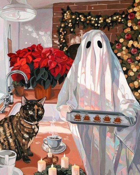 Halloween Animal Illustration, Spookie Paintings, Cat Painting Gouache, Ghost Cat Painting, Cat Gouache Painting, Fall Aesthetic Painting, Fall Paintings Aesthetic, Halloween Cats Art, Halloween Cat Painting