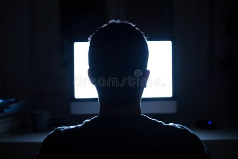 Man seated in front of computer monitor at night. Silhouette of man`s head in fr #Sponsored , #AFFILIATE, #Ad, #front, #Man, #monitor, #computer Programmer Illustration, Sitting In Front Of Computer, Whale Costume, Night Silhouette, Concept Product, Cat Story, Tv Lighting, Invisible String, Zepeto Background