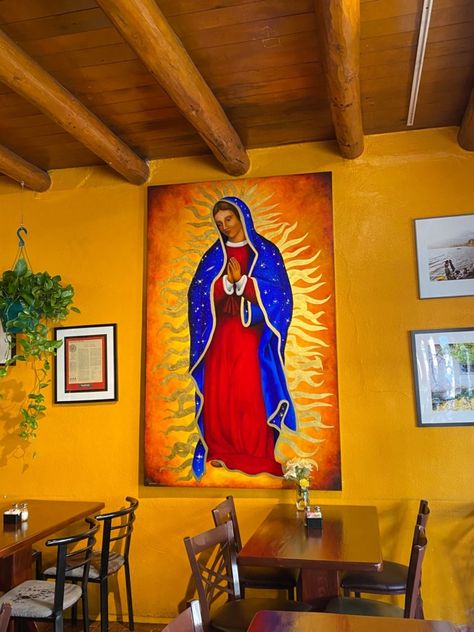 Virgin Mary Painting and tables at Palacio Cafe - 22 Best Restaurants in Santa Fe, New Mexico Santa Fe Restaurants, Santa Fe Home, Visit Santa, Cute Cafe, Land Of Enchantment, Santa Fe New Mexico, Food Places, Foodie Travel, Iconic Landmarks