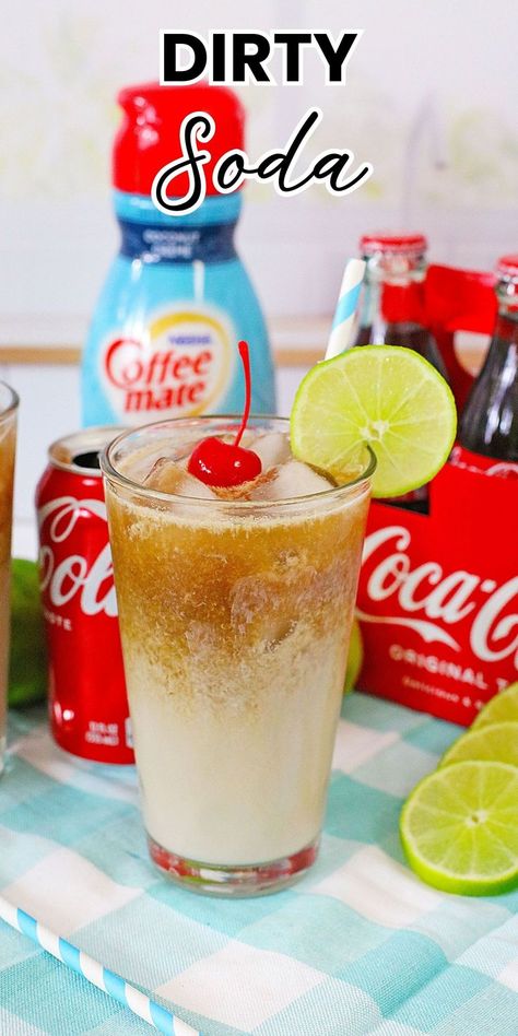 a glass of dirty soda on table Dirty Soda Recipes Sprite, Soda Drink, Soda Recipe, Coffee Mate, Easy Drink Recipes, Rum Drinks, Easy Drinks, Sweet Drinks, Cream Soda