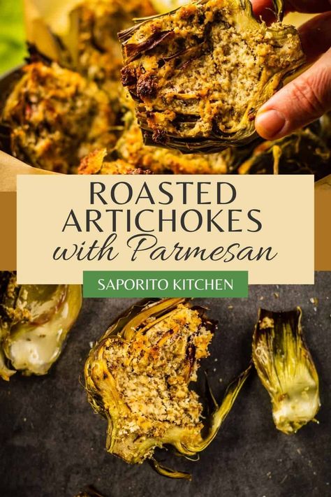 These crispy roasted artichokes with parmesan are one of the best side dishes or snacks. Whole artichokes are sliced in half and stuffed with a parmesan cheese and herb filling, then baked in the oven till tender on the inside and crispy on the outside. Roasted Artichokes, Baked Artichoke, Roasted Artichoke, Meatless Main Dishes, Artichoke Recipes, Vegetarian Side Dishes, Best Side Dishes, Favorite Side Dish, Asparagus Recipe