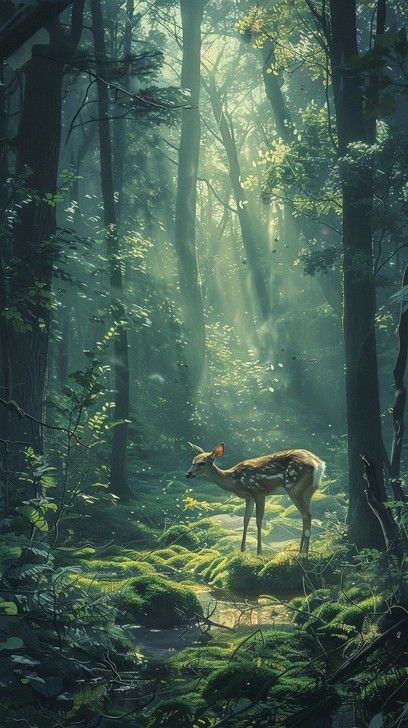 A serene deer stands amidst a mystical forest with sunbeams filtering through the canopy above. Mystical Vibes Aesthetic, Celestial Forest Aesthetic, Mythical Forest Art, Magical Forest Animals, Bright Forest Aesthetic, Fairy Magic Mystical Forest, Magic Forest Aesthetic, Fantasy Forest Aesthetic, Mystical Forest Aesthetic