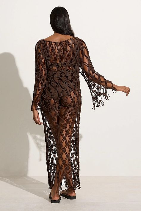 Sintra Macrame Dress Chocolate - Faithfull the Brand Macrame Dresses For Party Beachwear, Macrame Outfit, Summer Crochet Macrame Dress, Sleeveless Crochet Macramé Dress For Festivals, Macrame Dresses, Monikh Dale, Beaded Clothing, Summer Macrame Beach Cover-up Dress, Macrame Fashion Runway