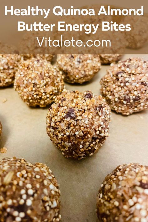 Pan with quinoa almond butter energy bites Quinoa Energy Bites, Quinoa Energy Balls, Quinoa Balls, Energy Bites Recipe, Quinoa Bars, Toasted Quinoa, Quinoa Bites, Goldie Locks, Easy Quinoa