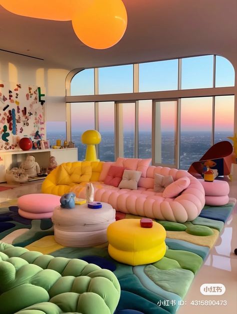 Happy Rooms Ideas, Simple Colorful Room Decor, Aesthetic Furniture Living Rooms, Cute Colorful Room Ideas, Colorful Electric Living Room, Funky Table Decor, Funky Modern Interior Design, Fun Couches, Funky Couches