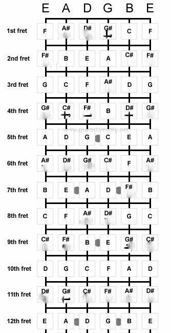 Bass Fingerboard Chart, Fret Board Notes, Ukulele Fretboard Notes, Bass Guitar Chord Chart, Guitar Keys Chart, Guitar Fretboard Notes Learning, Guitar Power Chord Chart, Guitar Fret Board Notes, Guitar Notes Chart For Beginners