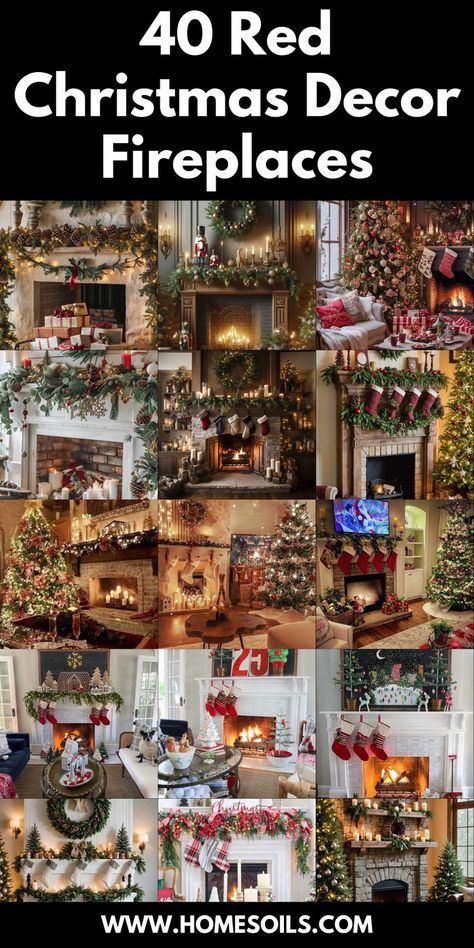 Transform your fireplace with 40 stunning red Christmas decor ideas that bring festive warmth to your home! From lush red garlands to bold stockings and shimmering ornaments, create a cozy holiday ambiance around your hearth. Click to explore these vibrant and stylish ways to deck out your fireplace this Christmas! Red And Green Christmas Fireplace Decor, Red Christmas Fireplace Decor, Elegant Mantle Christmas Decor Ideas, Decorate Inside Fireplace For Christmas, How To Decorate Inside Of Fireplace, Red And Green Christmas Mantle, Red Christmas Mantle Decor, Fireplace Hearth Christmas Decor, Mantle Ideas For Christmas