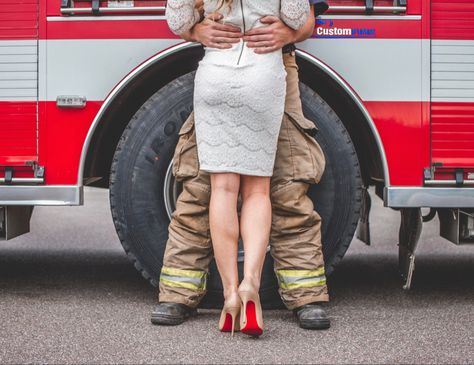 Ems Pictures, Firefighter Couple Pictures, Firefighter Couple, Couple Pictures Ideas, Firefighter Engagement, Firefighter Photography, Fire Wedding, Cute Photo Ideas, Car Photoshoot