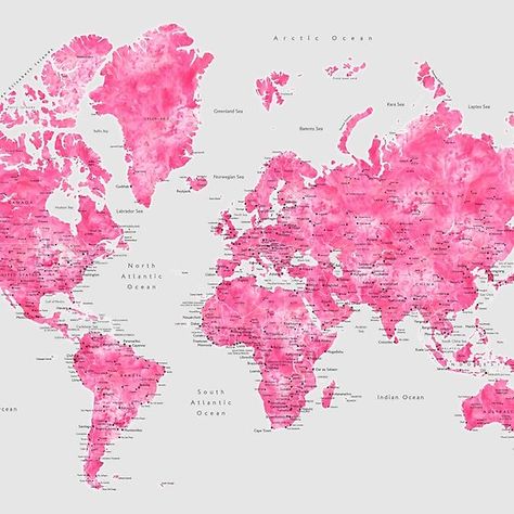 Pink Map Aesthetic, Pink World Map, Map Landscape, World Map With Countries, Maps Aesthetic, Watercolor World Map, Grey Watercolor, Detailed World Map, Map Icons