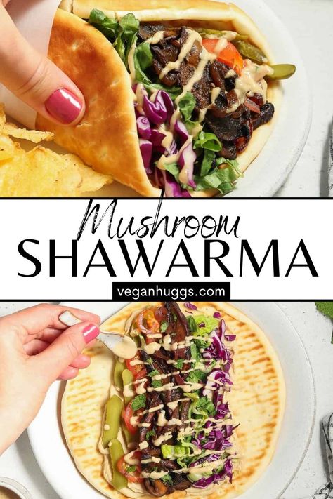 Vegan Shawarma Wrap, Vegan Shwarama Mushroom, Mushroom Schwarma, Mushroom Lunch Ideas, Fun Vegan Meals, Mushroom Meat Recipes, Vegetarian Shawarma, Veggie Shawarma, Mushroom Shawarma