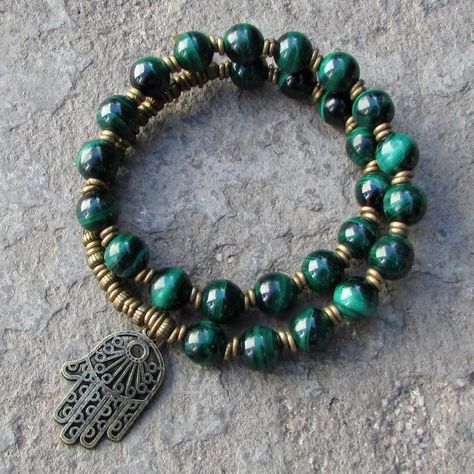 Bracelets - Intuition, Malachite 27 Bead Mala Bracelet With Hamsa Hand™ Mala Making, Homemade Bracelets, Mala Jewelry, Wrist Mala, Beads Bracelet Design, Mala Bracelet, Memory Wire Bracelets, Homemade Jewelry, Strand Bracelet