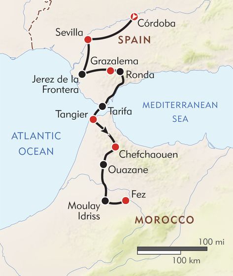 Southern Spain to Morocco route-map Morocco Beach, Backpacking Spain, Strait Of Gibraltar, Travel Morocco, Thanksgiving Travel, Morocco Tours, Visit Morocco, Europe Trip Itinerary, Southern Spain