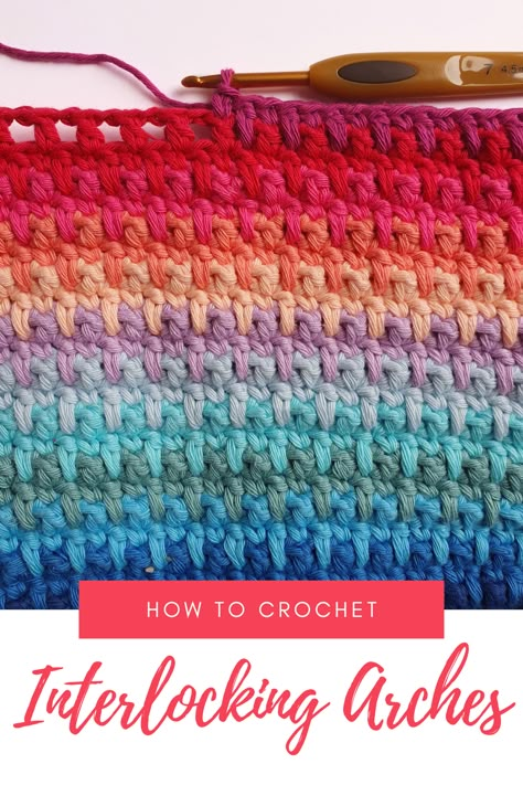 Unravel the secret to a picture-perfect crochet stitch with this step-by-step tutorial for the Interlocking Arches crochet stitch. Crochet Larksfoot Stitch, Interlocking Crochet Stitches, Crochet Two Color Stitch, Interlocking Block Stitch Crochet, Crochet Interlocking Pattern, Interlocking Crochet Patterns Free, Crochet Multicolor Yarn, Single Crochet Patterns, Open Crochet Stitches