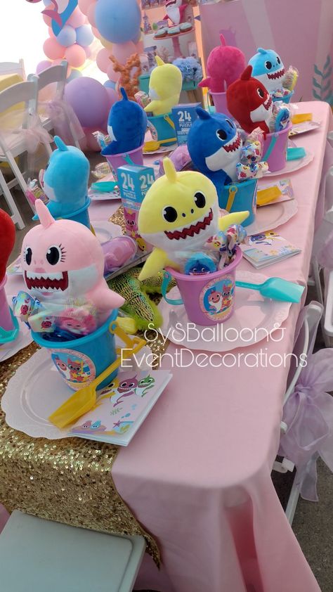 Baby Shark Birthday Party Girl Three, Baby Shark Birthday Centerpieces, 2nd Birthday Party For Girl Baby Shark, Baby Shark Table Centerpiece, Baby Shark Birthday Party Girl Decor, Baby Shark Second Birthday Girl, Baby Shark Theme Birthday Girl, Babyshark Bday Party, Pink Fong Birthday Party