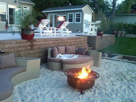 Backyard Sand Area, Sand Backyard, Sand Fire Pits, Sand Patio, Adulting 101, Beach Fire, Fire Pit Landscaping, Cool Fire Pits, Sloped Backyard