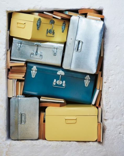 Retire the cardboard boxes and consider a set of zinc and iron storage trunks�… Toast Uk, Iron Storage, Storage Trunks, By Any Means Necessary, Steamer Trunk, Vintage Luggage, Train Case, Moving Day, Petrol Blue