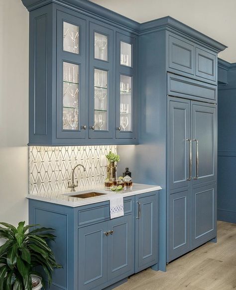 Refrigerated Drawers, Display Glassware, Stairway Remodel, Hydrangea House, Blue Kitchen Walls, Backsplash Design, Bold Kitchen, Blue Kitchen Cabinets, Blue Cabinets