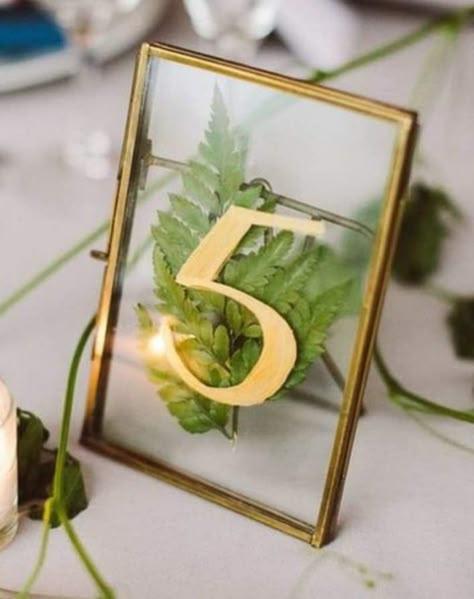 Guest Tables - fern pressed table numbers in gold frame Table Numbers In Frames, Table Numbers Wedding Frame, Dollar Tree Table Numbers, Moss Table Numbers, Enchanted Forest Table Numbers, Whimsical Table Numbers, Table Numbers In Gold Frames, Framed Table Numbers Wedding, Tropical Table Numbers