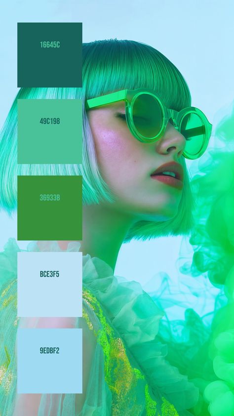 Colors:
16645C
49C198
36933B
BCE3F5
9EDBF2 Ethereal Green, Calm And Composed, Silver Color Palette, Futuristic Aesthetic, Watercolor Mixing, Green Sunglasses, Green Shades, Eyes Closed, Bob Haircut