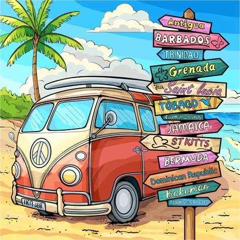 Vw Bus Drawing, Jeep Ads, Bus Drawing, Surfboard Painting, Color Day, Beach Drawing, Volkswagen Van, Fairy Illustration, Combi Vw