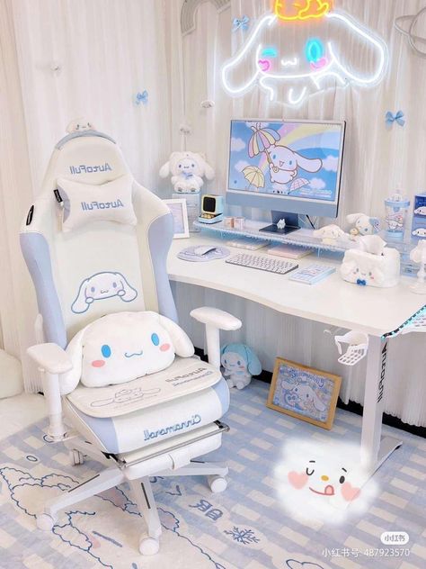 Cute Room Ideas Cinnamoroll, Cinnamoroll Themed Room, Cinnamonroll Sanrio Room Decor, Cinnamoroll Room Ideas, Cinnamoroll Gaming Setup, Cinnamoroll Setup, Cinnamoroll Mirror, Cinnamoroll Bedroom, Cinnamoroll Desk