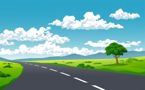 Empty street with sunny day | Premium Vector #Freepik #vector #background #tree #travel #cloud Cartoon Road Background, Horizon Background, Yellow Road Signs, Pokemon Towns, Road Drawing, Free Cartoon Characters, Empty Street, Background Tree, Khmer New Year