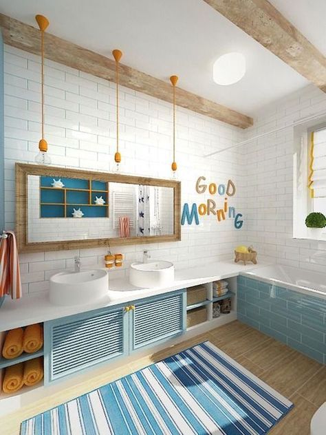 𝒫𝒾𝓃: 𝑔𝑜𝓁𝒹𝓈𝒽𝑜𝓇𝓉𝓎 💌 Design Interior Baie, Kids Bathroom Design, Blue And White Decor, Dressing Design, Stylish Bedroom Design, Childrens Bathroom, Bad Inspiration, Decor Baie, Boys Bathroom