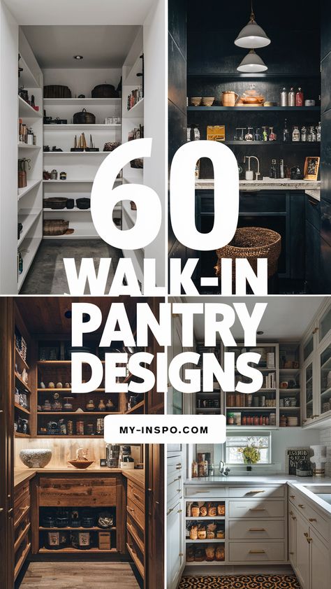 Get inspired by 60 elegant walk-in pantry designs for your home. Perfect ideas for storage, shelving, and decor to keep your kitchen clutter-free and chic! #OrganizedLiving #WalkInPantry Pantry Base Cabinet Ideas, Walk In Pantry Open Shelving, Walk In Pantry With Fridge And Sink, Pantry With Countertop And Shelves, U Shaped Kitchen With Pantry Layout, Small Pantry Room Design, Butler Pantry Storage Ideas, Must Have Pantry Design, Walk In Larder Cupboard