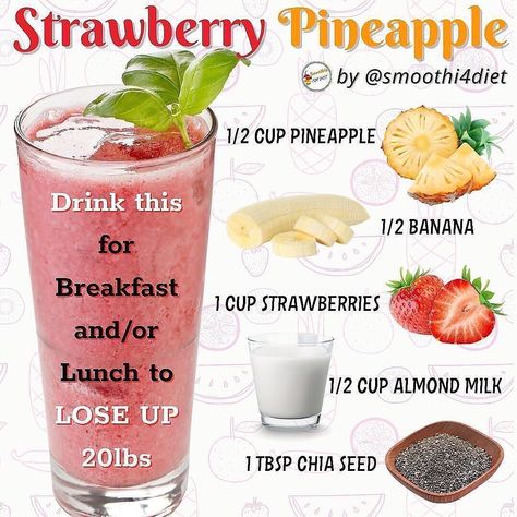 Smoothie Bounce | Weight loss on Instagram: “Strawberry Pineapple smoothie ✨If you’re looking for a complete life transformation over the next 3 weeks then you’re in the right place!…” Strawberry Pineapple Smoothie, Weight Smoothies, Smoothie Diet Recipes, Fruit Smoothie Recipes Healthy, Pineapple Drinks, Easy Healthy Smoothies, Life Transformation, Vitamix Recipes, Breakfast Smoothie Recipes