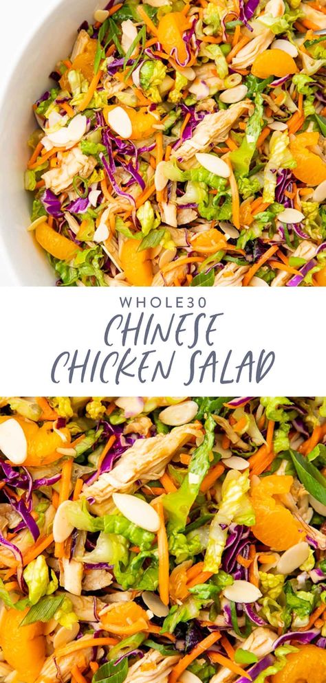 This paleo Chinese chicken salad is packed with flavor, thanks to a delicious sesame-ginger dressing, crunchy veggies, mandarin oranges, and almonds. It comes together super quickly and is a light but filling dinner or entree salad the whole fam will enjoy. Whole 30 Salads Whole30, Paleo Chinese Chicken Salad, Gluten Free Chinese Chicken Salad, 40 Aprons Whole30, Whole 30 Summer Recipes, Macro Chicken Salad, Whole 30 Sides, Whole 30 Salad Recipes, Whole 30 Chicken Salad