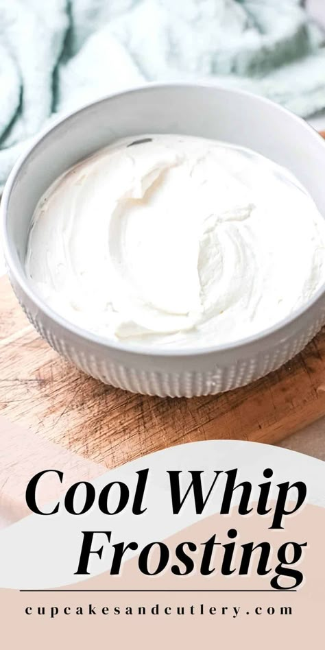 How to make Cool Whip Frosting. This easy homemade frosting recipe needs just 4 ingredients and is ready in under 10 minutes. It's a delicious way to top cakes and cupcakes with frosting from scratch. Icing Using Cool Whip, Whipped Cream Frosting With Cool Whip, Cool Whip Cake Icing, Angel Food Cake Frosting Easy, Easy Cool Whip Frosting, Cool Whip Frosting Without Pudding, Coolwhip Icing Recipe Cool Whip Frosting, Frosting With Cool Whip, Cool Whip Frosting With Pudding