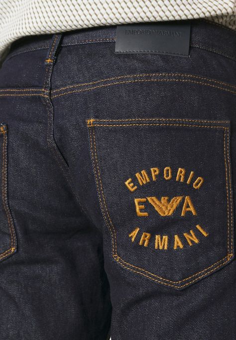 Emporio Armani POCKETS PANT - Jeans Slim Fit - dark blue Back Pocket Designs Jeans Mens, Denim Pocket Details, Mens Jeans Pockets, Jean Pocket Designs, Armani Jeans Men, Kids Denim Jeans, Pocket Designs, Pant Jeans, Clothing Labels Design