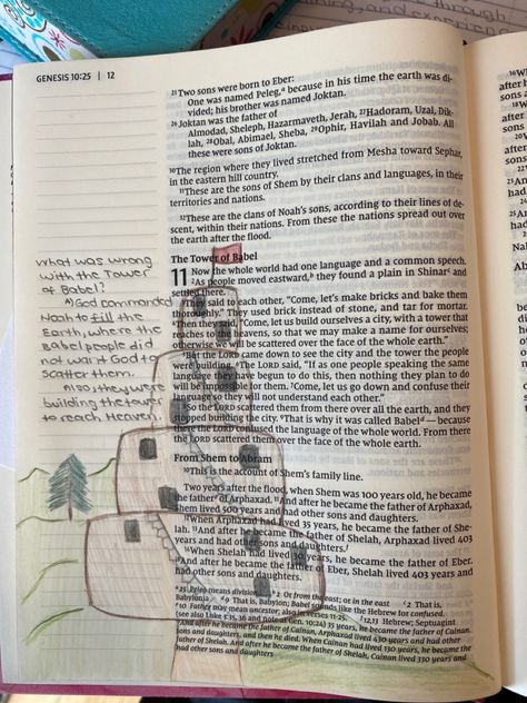 Genesis 11 Bible Journaling, Genesis 9 Bible Journaling, Genesis 10 Bible Journaling, Genesis 11, The Tower Of Babel, Bible Studying, Inspire Bible, Study Notebook, Bible Doodling