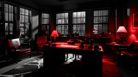 A 1940s noir detective office. style of sin city, black, white, pops of red, 32k, High definition #NoirDetectiveOffice #VintageMystery #RetroAesthetics #DetectiveCharm #FilmNoirInspired #VintageOfficeDecor #PrivateEyeVibes #OldHollywoodGlam #ClassicFilmAesthetics #VintageStyle #NostalgicVibes #SleuthingSpace #TimelessElegance #MysteriousAmbiance #VintageDecor #ClassicFilmInspiration #VintageInteriors #VintageOffice #VintageElegance #TimelessDesign #RetroChic Noir Office Aesthetic, Film Noir Detective Office, Red Detective Aesthetic, Film Noir Decor, Detective Office Aesthetic, Noir Detective Office, Vampire Office, Red And Black Office, Detectives Office