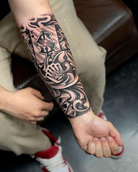 Arm Tattoo Men, Beautiful Tattoo Designs, Casino Tattoo, Mangas Tattoo, Realistic Tattoo Sleeve, Money Tattoo, Men Tattoos Arm Sleeve, Cool Arm Tattoos, Forearm Tattoo Design