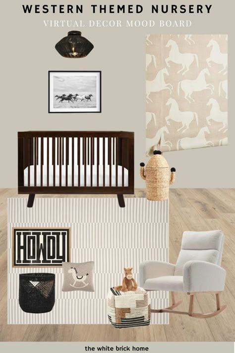 A nursery design that is gender neutral and has a western theme with cowboy decor and horse decor. A Wild West nursery design that is gender neutral with horses and a western theme with a rocking horse and ikat design. McGee and co nursery design. Horses Nursery Theme, Western Modern Nursery, Tan And Black Nursery, Boho Cowboy Nursery, Black And White Western Nursery, Gender Neutral Nursery Rug, Neutral Cowboy Nursery, Gender Neutral Nursery Western, Modern Cowboy Nursery