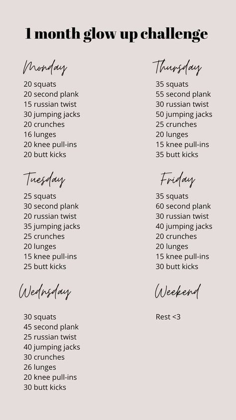 One Month Workout Plan At Home, Quick Workouts For Moms, 3 Month Challenge Workout Plans, Lost Weight Exercises, One Month Fitness Challenge, Easy Weekly Workout Routine, Workouts Monday Through Friday, 30days Glow Up Challenge, Workout Plan Month