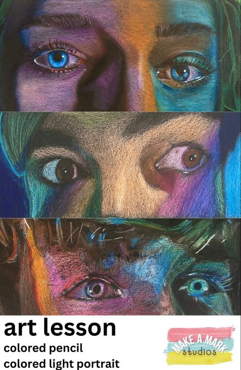 Eye drawing colored pencil Drawing Assignments High School, Primary School Art Ideas Teaching, Art Lessons High School Drawing Projects, Beginning Art Lessons, Middle School Drawing Lesson, Self Portrait High School Art, Art Lessons For Special Needs Students, High School 2d Art Projects, Student Art Projects