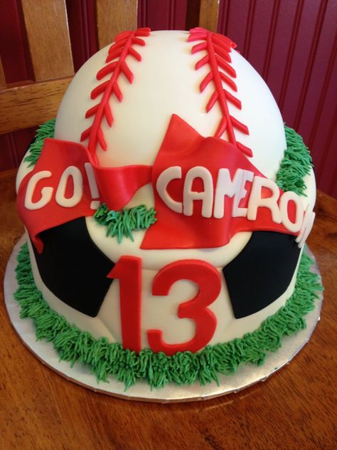 Soccer Baseball Cake, Football And Baseball Cake, Soccer And Baseball Cake, Love Cake Design, Baseball Field Birthday Cake, Baseball Shaped Cake, Round Baseball Cake, Baseball Cakes, John Tyler