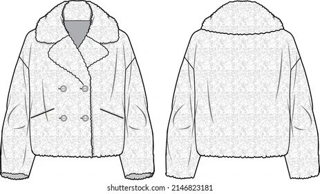 Women's Short Plush Fur Coat. Coat technical fashion illustration. Flat apparel coat template front and back, white colour. Women's CAD mock- How To Draw Fur, Jacket Drawing, Clothing Templates, Long Fur Coat, Sherpa Denim Jacket, Illustration Flat, Fur Texture, Texture Drawing, Fur Collar Coat