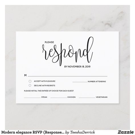 Modern elegance RSVP (Response) Enclosure Card Wedding Rsvp Menu Choice Response Cards, Please Rsvp Reminder, Rsvp Wedding Cards Wording Plus One, Wedding Rsvp Cards Number Attending, Wedding Enclosure Cards, Rsvp Wedding Cards, Wedding Rsvp, Enclosure Cards, Wedding Website